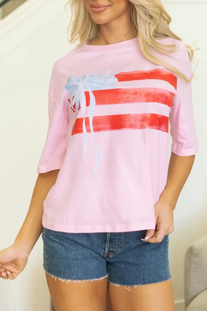 Light Pink Flag Bow Graphic Crewneck Tee for Women - Love Salve